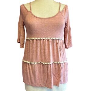 Womens Top Size Small Pink Flowy Peasant Casual Bohemian Detailed Cottage Fairy
